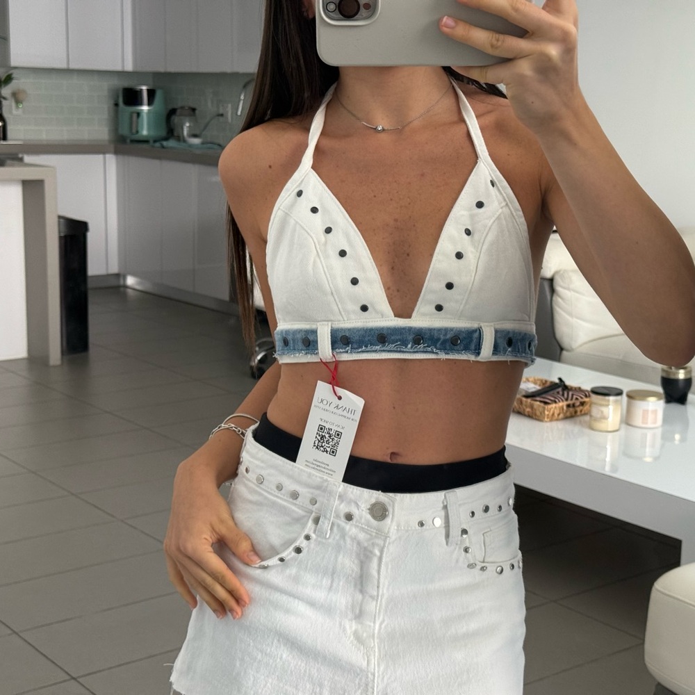 Denim Jean mini white top handmade handcrafted with black studs